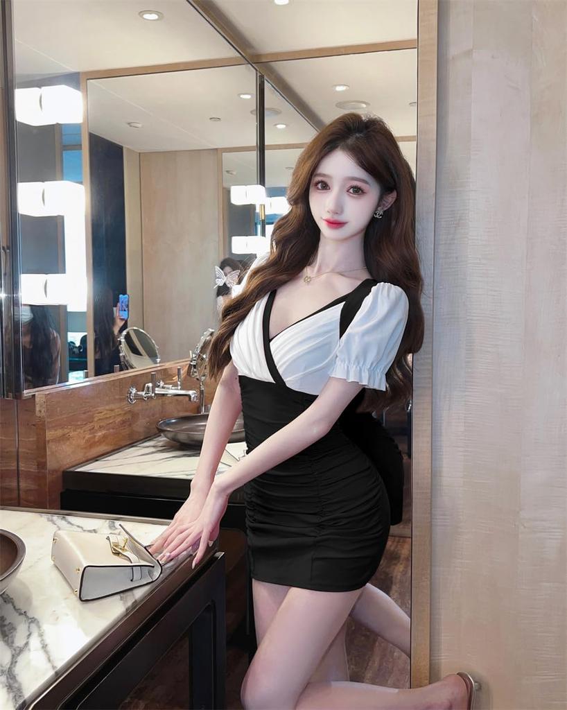 PTORGE Tight Mini Cabaret Short High Puff Bodycon Switching Women's Dress, Dress, Dress, Dress, V-Neck, Waist, Sleeves, Dress, Sexy, Stretch, Party,