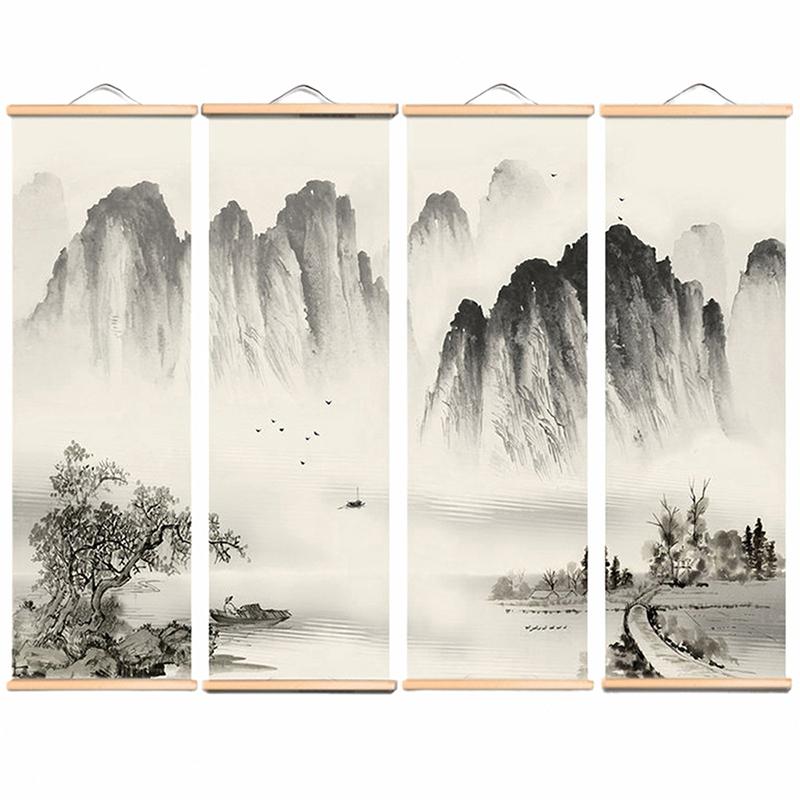 1PC/4PC Painting Chinese Style Ink Painting Alpine Canvas Decorative Solid Wood Scroll Paintings