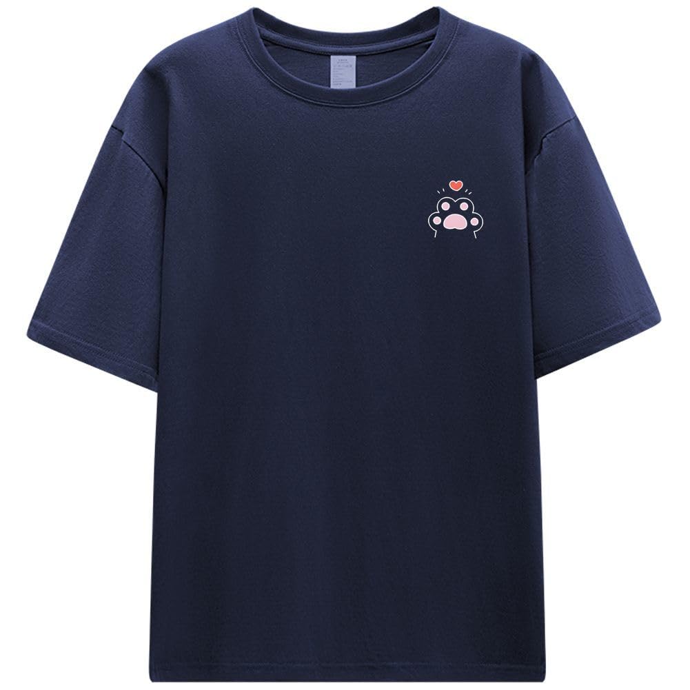 

Heone Men s Summer T-Shirt, Short Sleeve, Loose Fit, Cat Design, Cute, Large, Round Neck, Comfortable, Popular, Stylish, Navy Blue (Size 2XL)