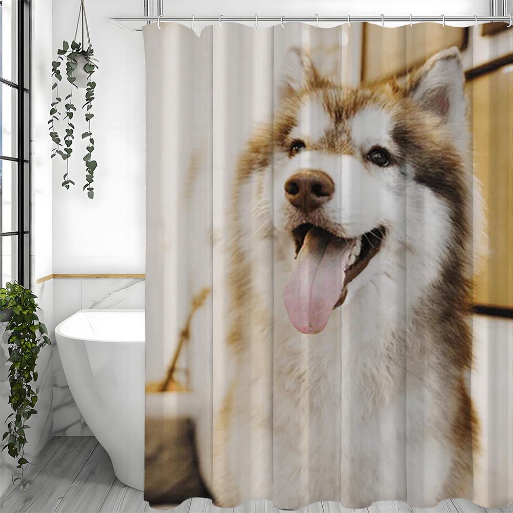 Husky Dog Shower Curtain Realistic Pet Print Bathroom Decor Cute Animal Design Waterproof Fabric Home Bath Accessory
