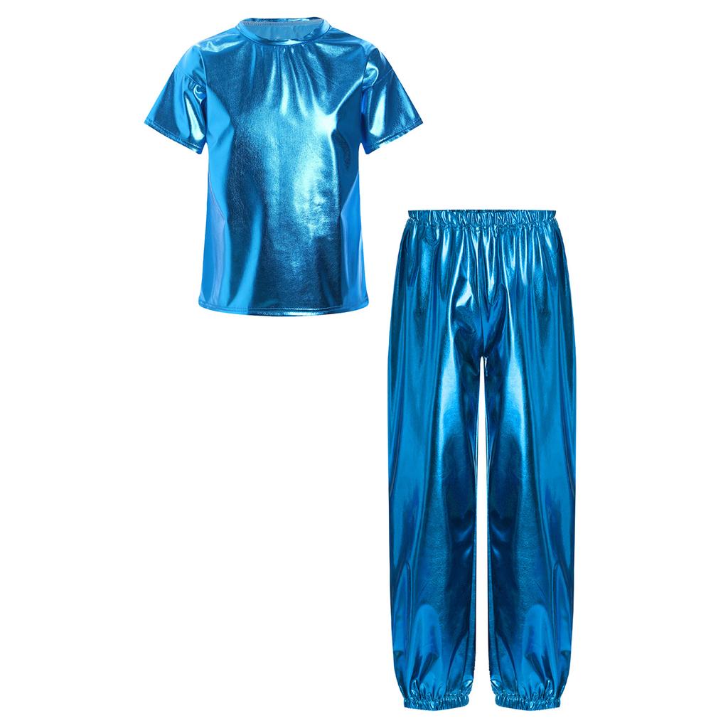 Unisex Kids Dance Costume Short Sleeve Round Neck Metallic Shiny T Shirt Performance Pants Set