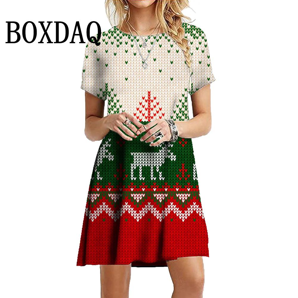 New Year Winter Christmas Deer Snowflake Dresses Women Short Sleeve Loose Tree Fashion Sweet O-Neck Party Dress