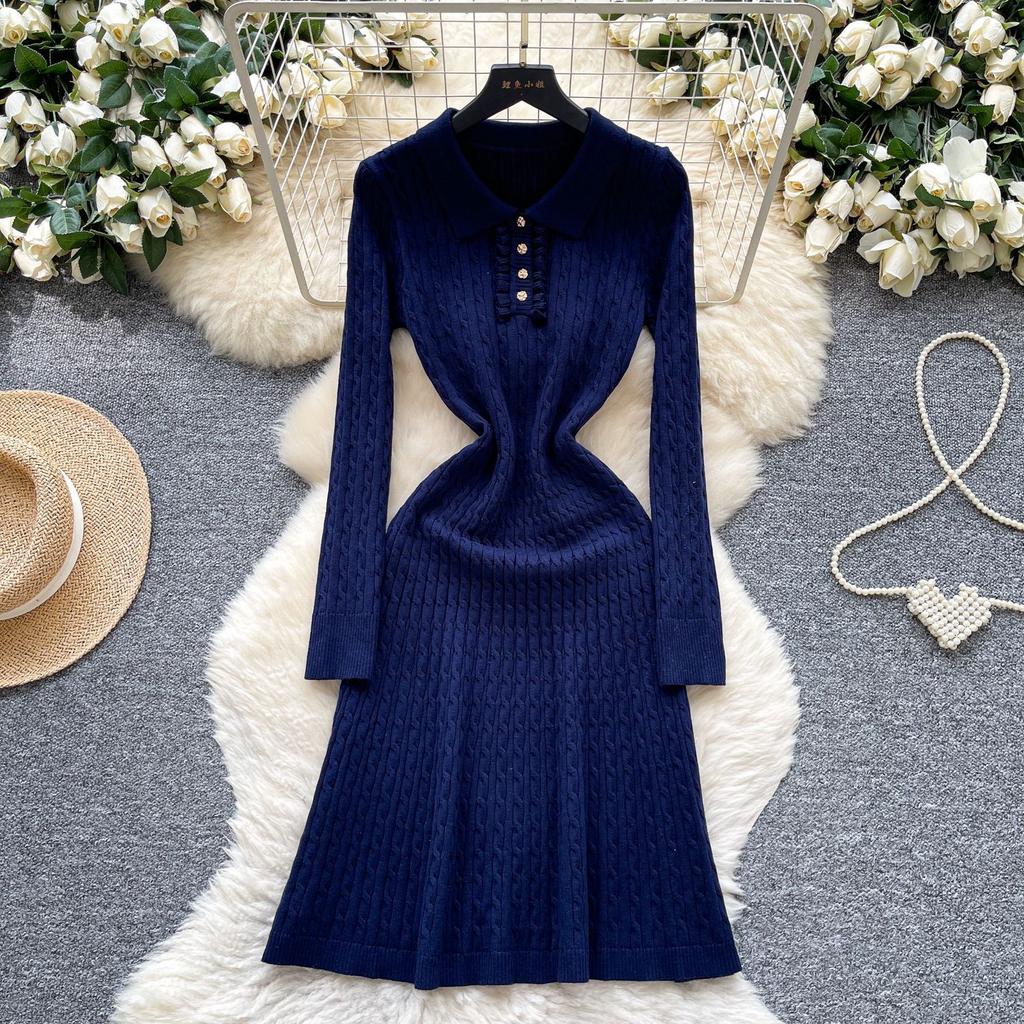 Inside Sweater Skirt with Coat Autumn Retro Lapel Waist Thin Temperament Long Sleeve Knitted Dress