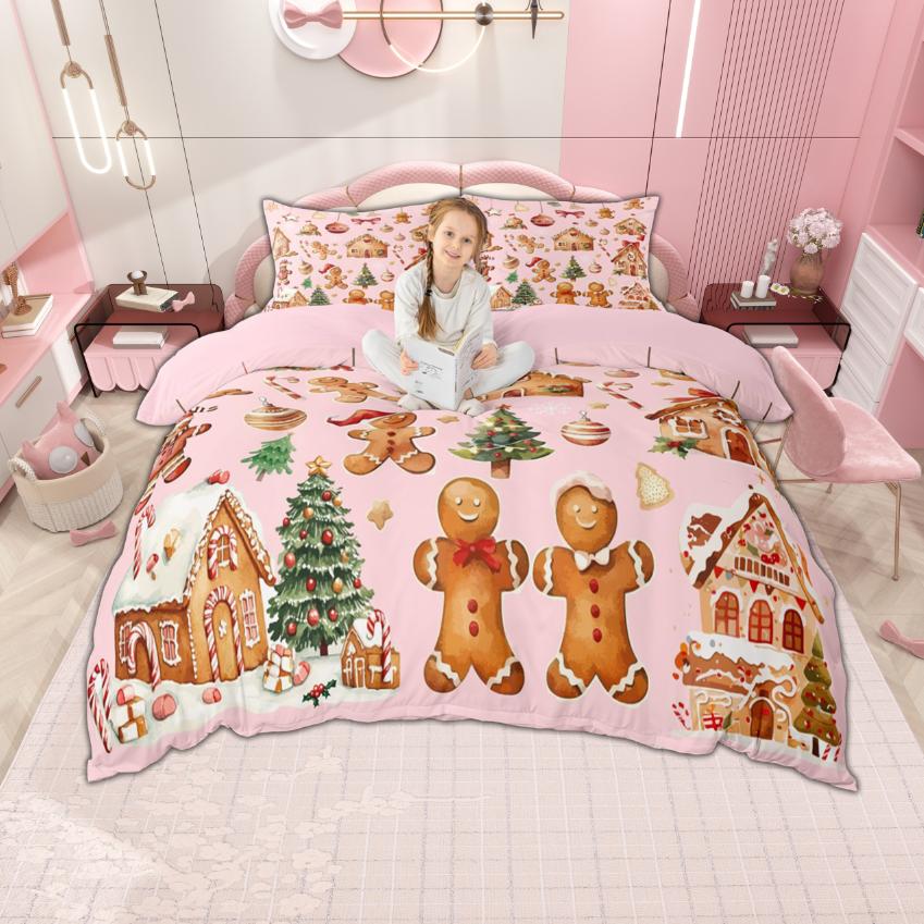 Homewish Girls Merry Christmas Duvet Cover Set Lovely Gingerbread Bedding Set Cartoon Xmas Tree Bedroom Set Room Decor