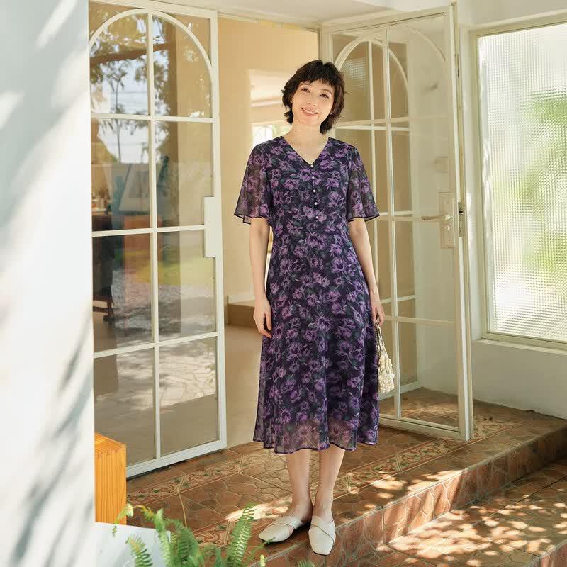 Retro V-Neck Ink Floral Chiffon Midi Dress 3XL