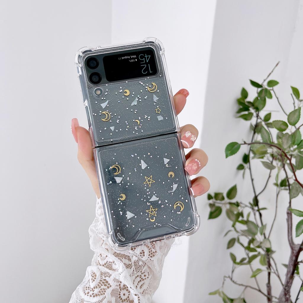 For Samsung Z Flip 3 Case Moon Star Sequin Clear Folding Phone Case For Galaxy Z Flip 4 Zflip3 5g Shockproof Hard Pc Back Cover