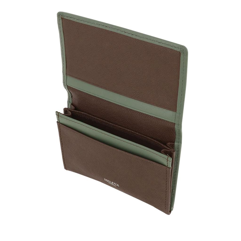 Helena Women's Calm Leather Business Card Case, 6484, Sheepskin Leather [06] Sage Green X Chocolate