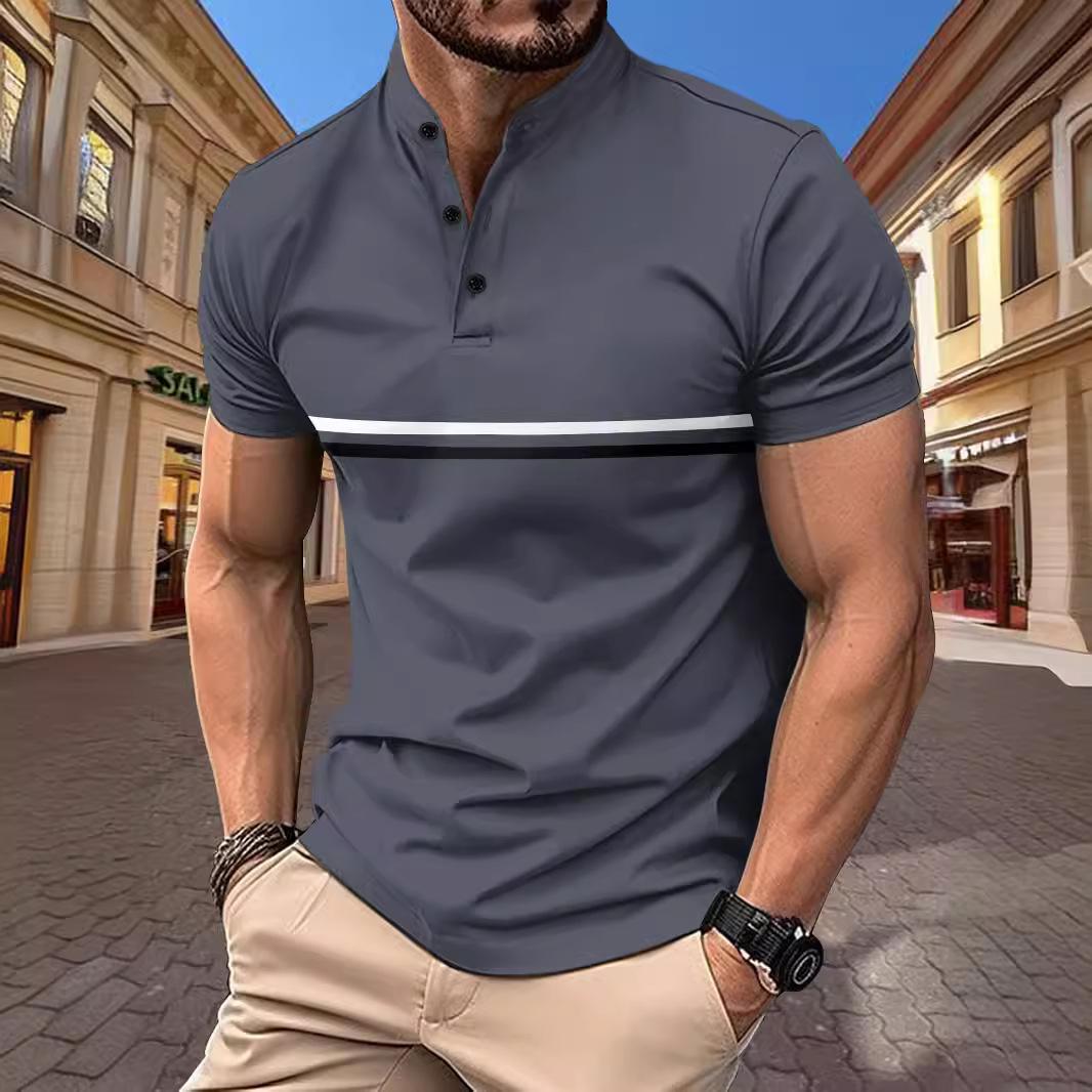 New summer men s casual sports polo shirt in solid colours with contrasting stripes and a stand-up collar M серый