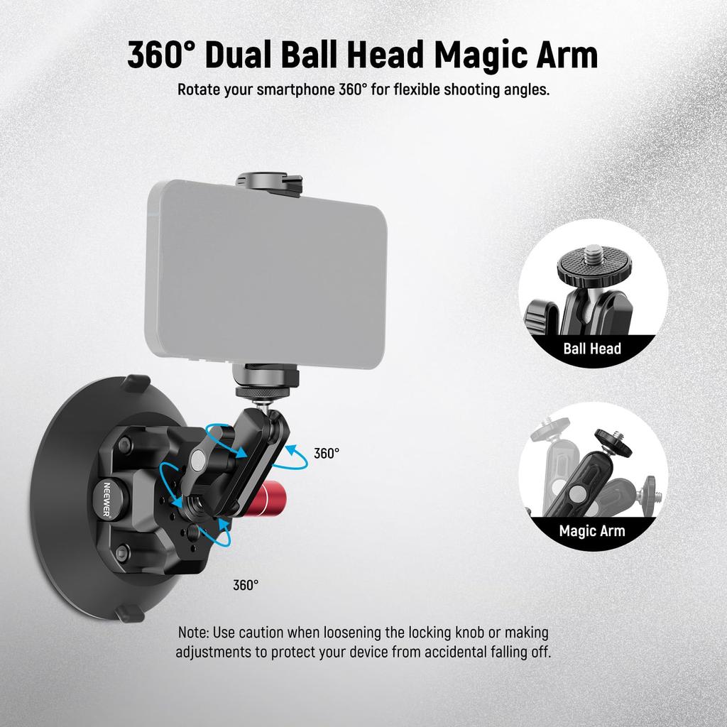 NEEWER Vacuum Suction Cup Mount 4.5 Inch Suction Cup Mount with Ball Head Magic Arm/Smartphone Holder/Action Cam Adapter, Aluminum, Quick Release, Car