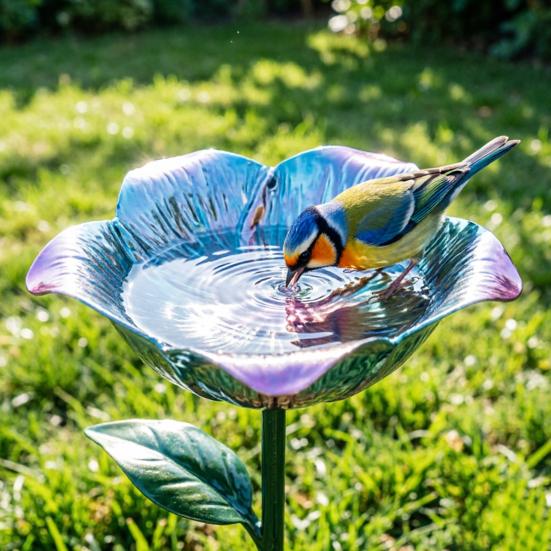 Metal Flower Garden Stake Bird Bath for Outside Freestanding Bath Bowl with Stake Hummingbird Feeder Station for Yard Lawn Garden Decor