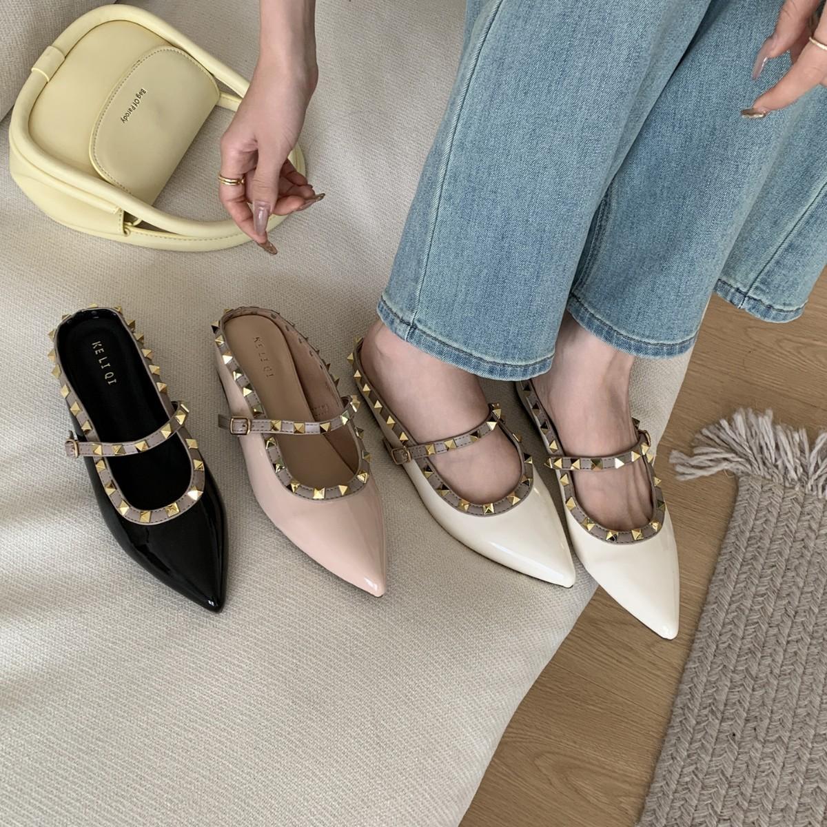 

2025 new pointed one-word with rivets, low slope heel, baotou, half-drag women s commuting lazy shoes 39 розовый