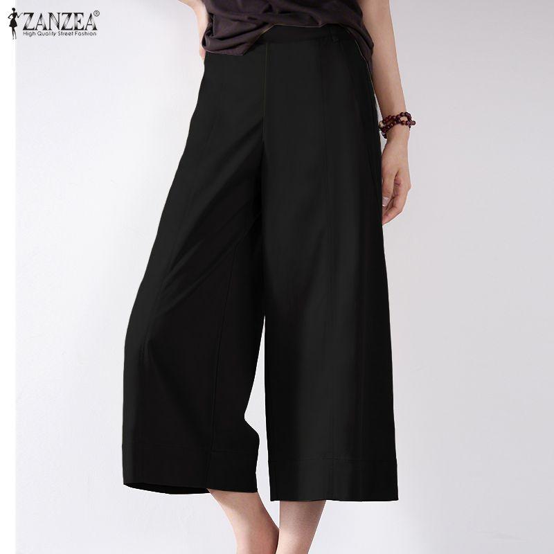 ZANZEA Women Casual Elastic Waist Loose Summer Capris Pants