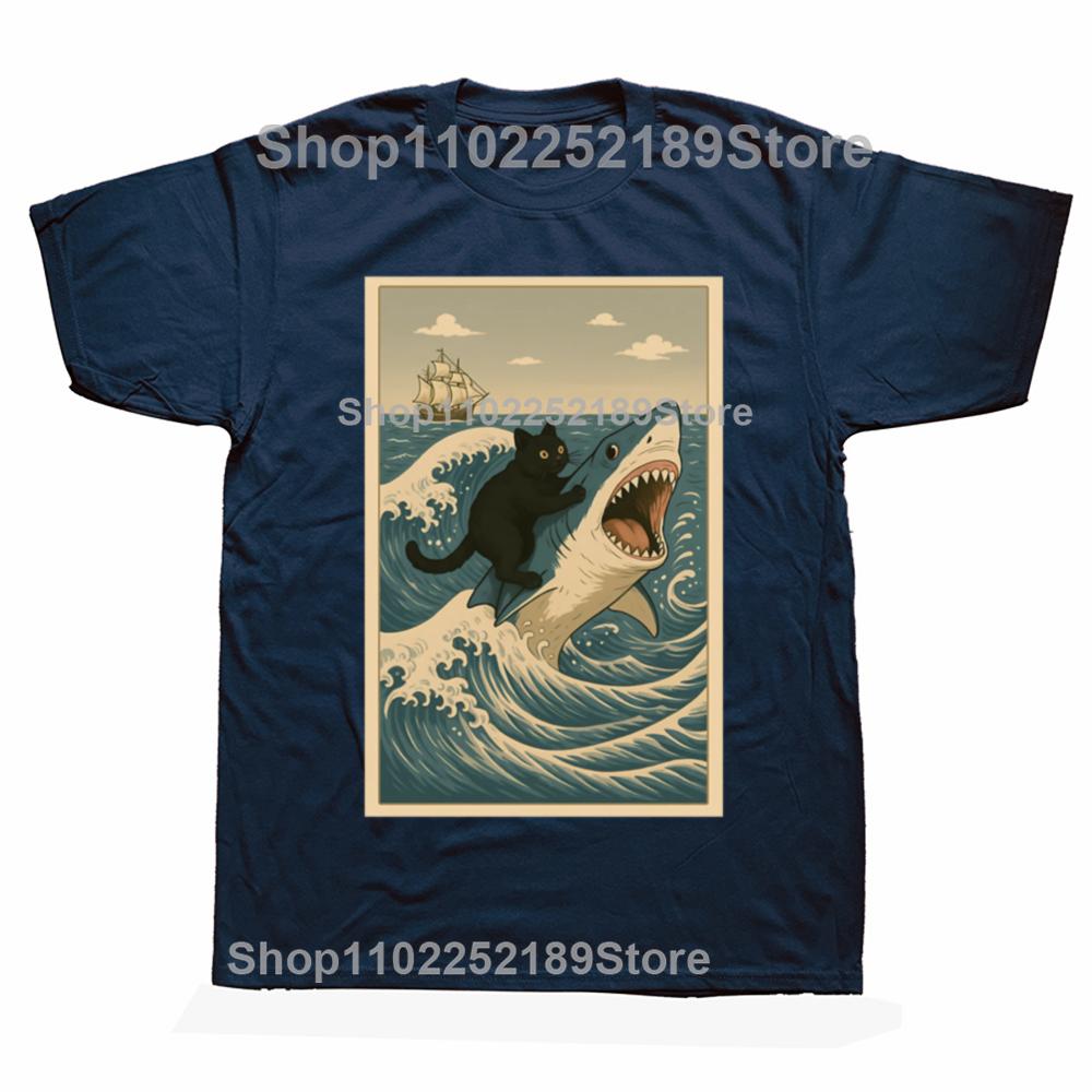 Funny Cat Riding Shark Meme Art Wave Graphic T-shirts Men Women's Fashion Casual Tshirt 100% Cotton Loose Oversized T Shirt