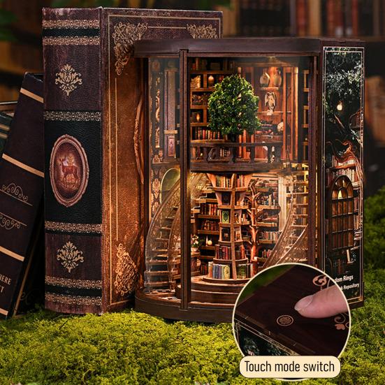 DIY Book House Kit with LED Light Handmade Vintage 3D Wooden Puzzle Bookstore Miniature Dollhouse Bookshelf Decoration Book Lover Gift