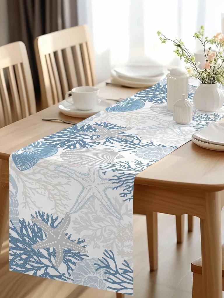 Summer Ocean Starfish Print Linen Table Runner Home Decor Watercolor Marine Life Corals Kitchen Dining Table Runners Party Decor