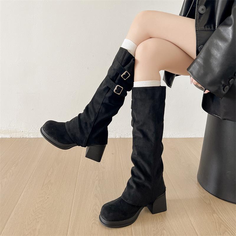 Fashion Vintage Women Western Cowboy Boots Removable Belt Buckle Autumn Winter Shoes Thick Heel Ladies Elegant Long Booties