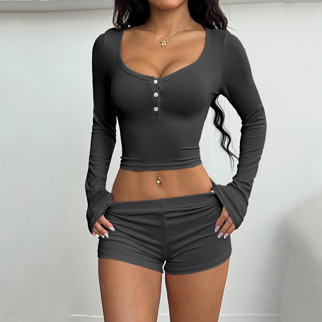Women's Soft Sports Yoga High Waist Drawstring Casual Buttons Top Shorts Set