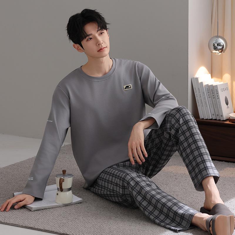 Pure cotton pajamas men's spring and autumn 1011 new men's simple four seasons can wear autumn and winter cotton loungewear suit