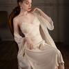 Sexy pajamas women's ice silk summer with chest pads, suspenders, nightgown, two-piece set, long over-the-knee silk loungewear