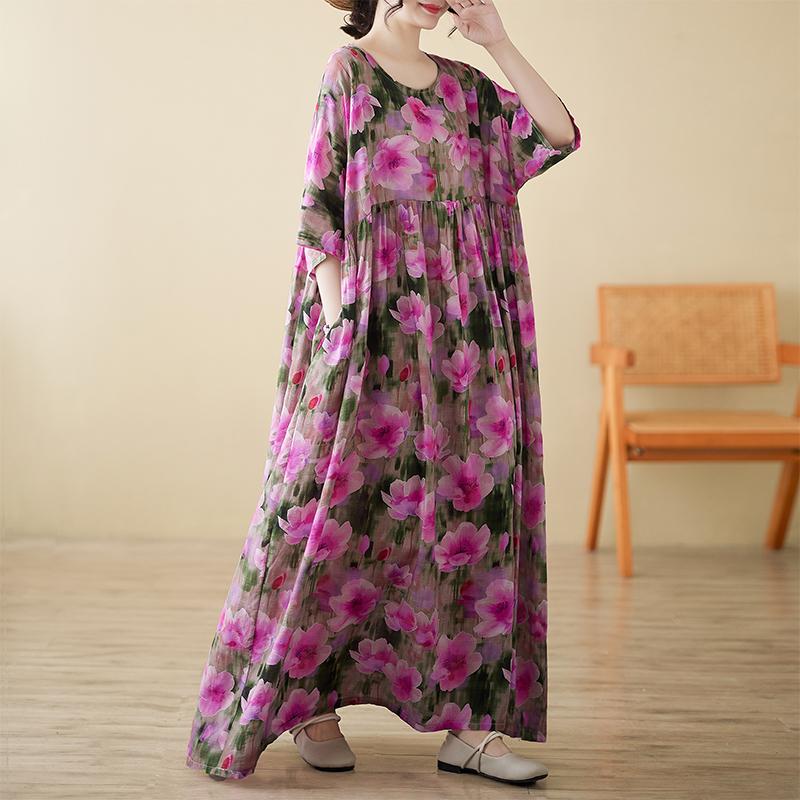 

Dimanaf 2025 Женское Летнее Новое Винтажное Цветочное Платье Плюс Размер Праздничное Длинное Базовое Повседневное Свободное Платье С Коротким Рукавом One Size розовый