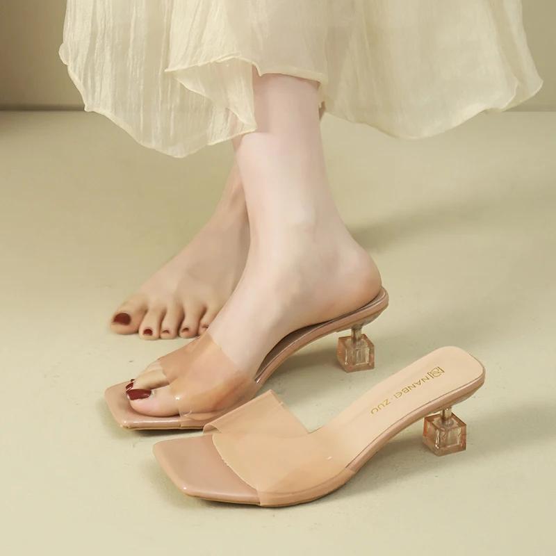 Fashion Patent Leather Sandals and Slippers for Women 2025 Summer New Thin Heel Square Toe Outward Wear Flip-flops High-heeled Sandals