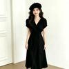 Korean chic summer temperament elegant cross V-neck lace-up waist thin bubble sleeves medium long dress women