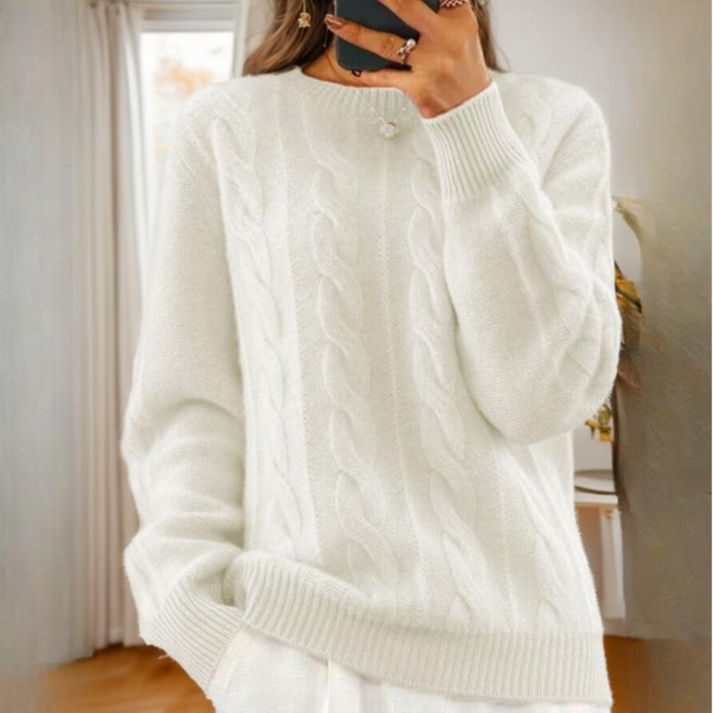Осенне-зимний повседневный круглый вырез однотонный вязаный свитер топ ретро твист пуловер свитер женский XL белый 2767₽