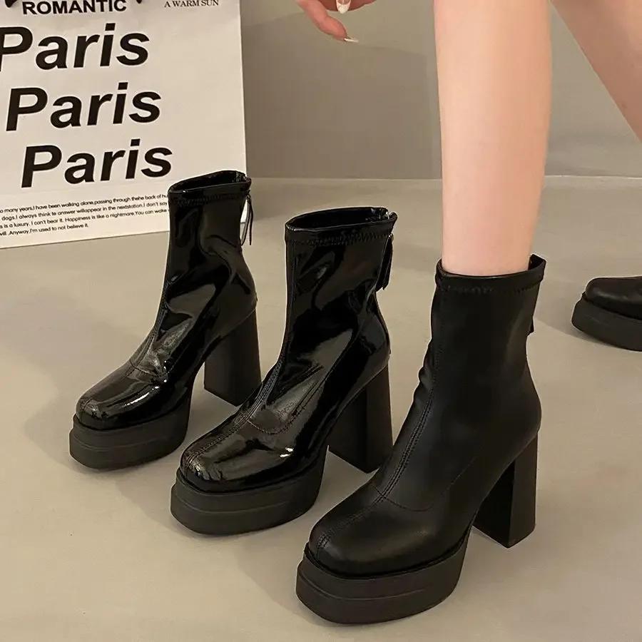 Platform Boot Shoes for Women Modern Western Black Femme Botas Punk Goth Female Winter High Heeled Shoes Round Toe Heels Botines