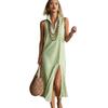 European and American independent station striped stand-up collar sleeveless split long dress casual women's dress