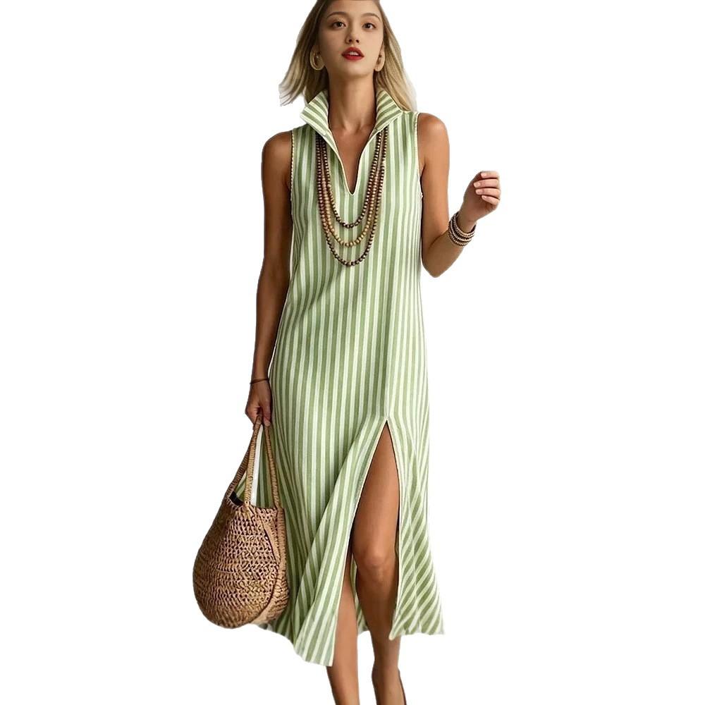 European and American independent station striped stand-up collar sleeveless split long dress casual women's dress