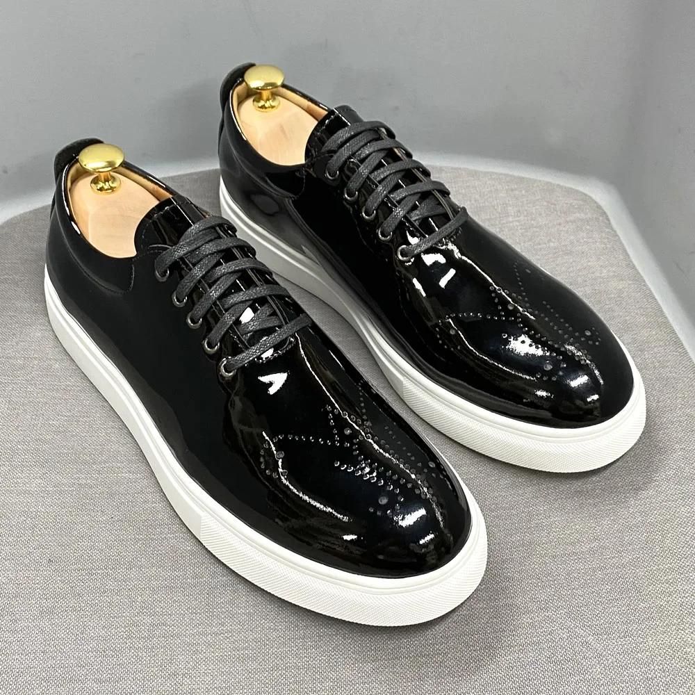 Fashion Men's Black Patent Leather Oxford Shoes Casual Breathable Lace-Up Luxury Office Business Flat Italian Style