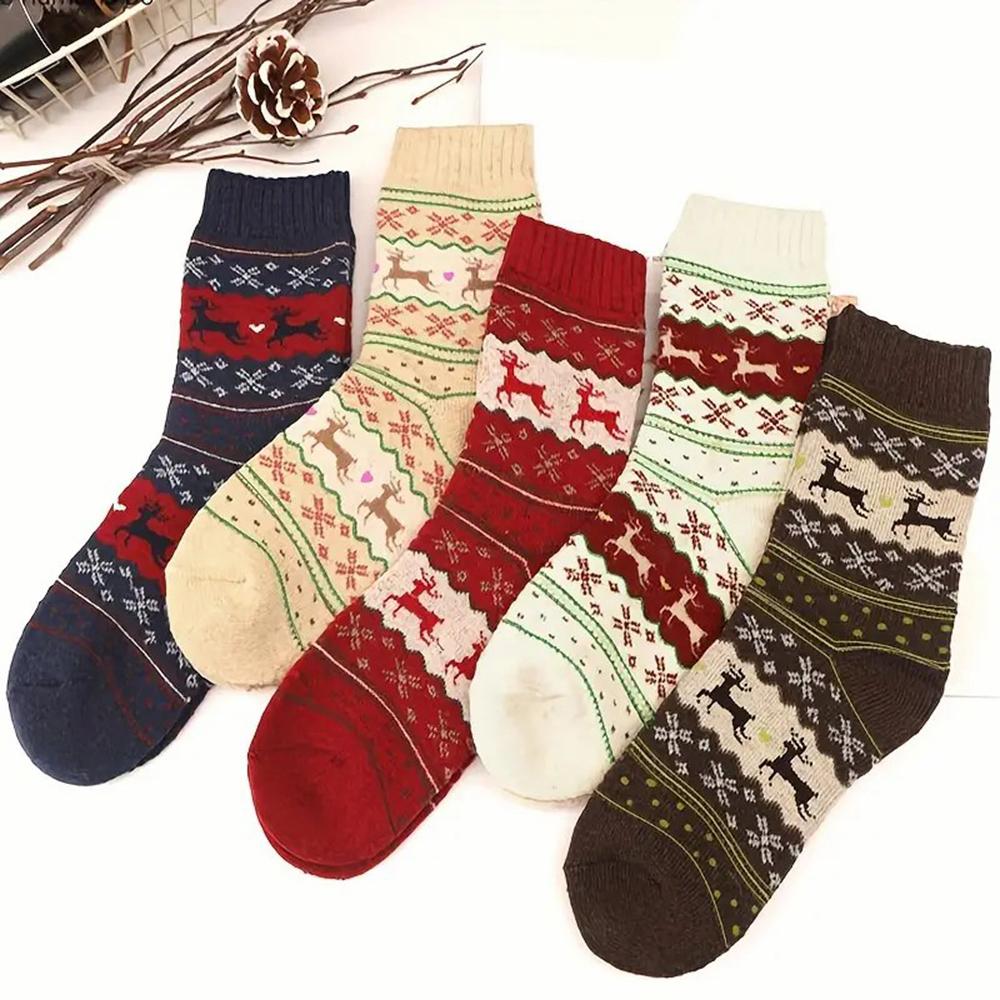 5/10 Pairs Autumn/Winter Thick Reindeer Printed Women Mid Tube Socks Warm Comfortable Suitable as Christmas Gifts Casual Socks