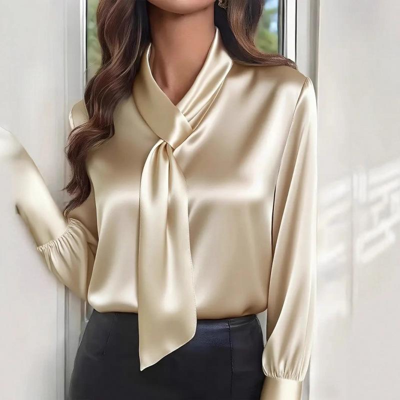 Women's Satin Tie Neck Blouse Long Sleeve Solid Color Office Business Casual Top