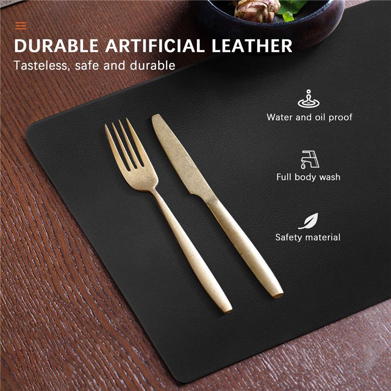 M-Modern-4PCS Heat-Resistant Placemats, Artificial Leather Placemats, Waterproof, Non-Slip, Washable Kitchen Placemats, (Black)