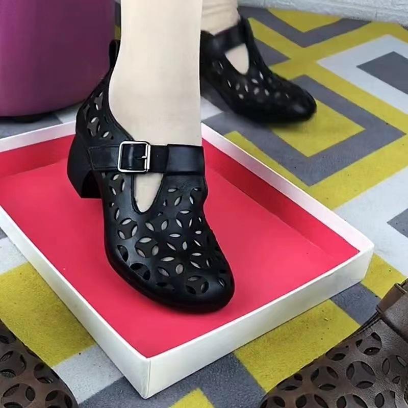 Ethnic style retro casual real soft leather single shoes women's year thick heel soft sole mother shoes hollow hole shoes