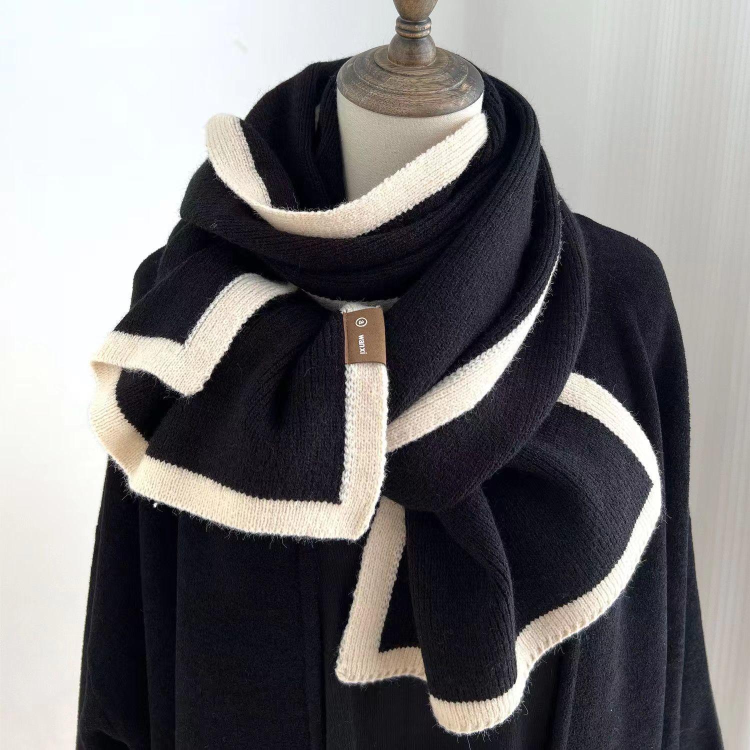 

Black and White Color-Blocked Scarf Winter High-End Border Knitted Wool Niche Design Versatile Unisex Neck Warmer чёрный
