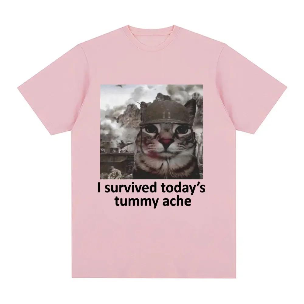I Survived Today's Tummy Ache T-Shirt Funny Cat Meme Short Sleeve T Shirt Men Women Casual T Shirts Streetwear