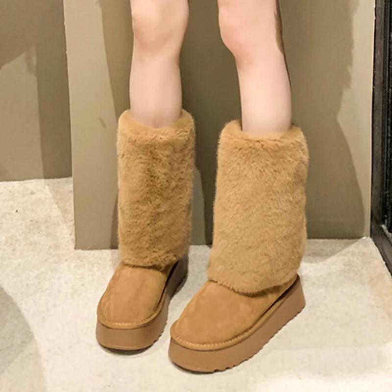 Fashion Ladies Shoes On Sale 2024 Fashion Sleeve Women Boots Winter Round Toe Suede Warm Solid Middle Tube Platform Boots Zapatos Mujer