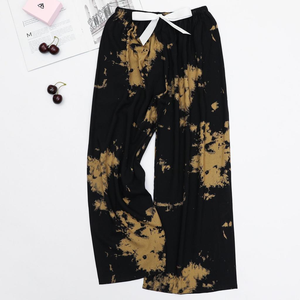 Women's Cotton-Silk Cartoon Pajama Pants, Summer Thin, Black & White Wide-Leg, Plus Size, Outdoor Beach Wear.