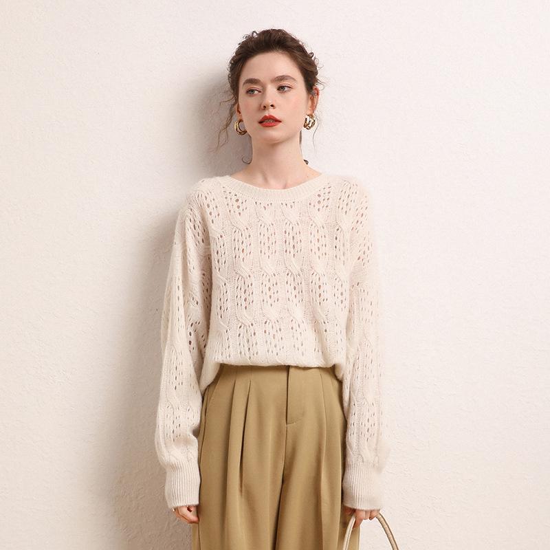 2026 Le Ka Sha Korean Style Mohair Hollow Knit Pullover for Women - Autumn/Winter Fairy Top Sweater