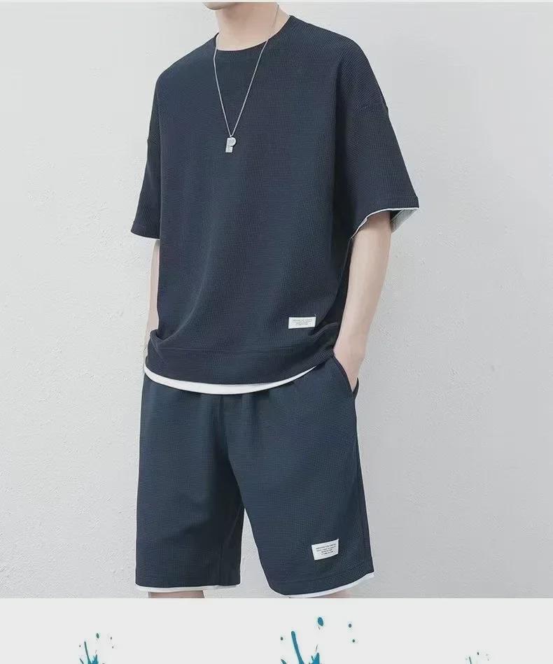 Herren Sommer Waffelstrick T-Shirt und Eisseide Shorts Set