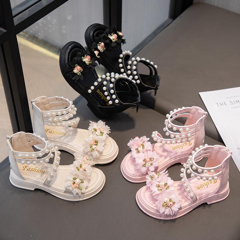 Girls Princess Shoes with Sweet Flowers Pearls Kids Roman Sandals Back Zipper 2025 Summer New Children Beach Shoes Soft Sole