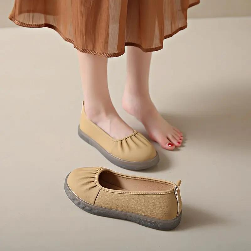 Fashion Women's Flat Shoes With Heel Wrinkles Slip-on Round Toe Beige Ladies Footwear Vacation 2025 Trend Stylish Quick Delivery Shoe 39