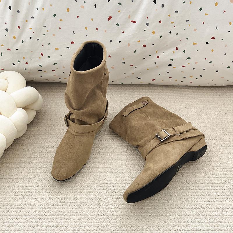 Winter Design Thick Heel Women Mordern Pipe Boots Fashion Belt Buckle Slip On Shoes Ladies Fashion Banquet Party Short Booties