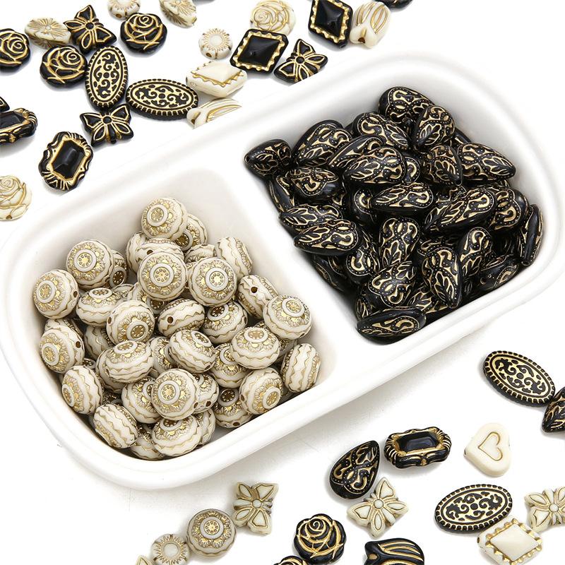 Handmade Beads Acrylic French Vintage Gold Tracing Flat Beads Round Beads Handmade Diy Jewelry Bracelet Necklace Pendant Phone Chain Accessories