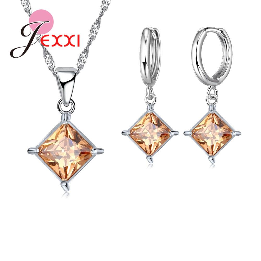Exquisite Beautiful Colorful Square Crystal Girlfriend Gift Engagement Jewelry 925 Sterling Silver for Fashion Women