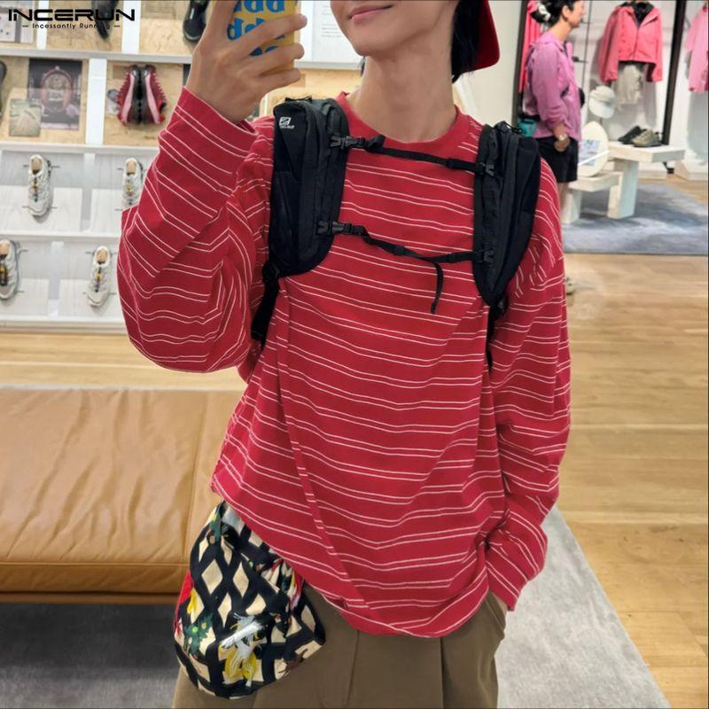 INCERUN Oversized Men Long Sleeve Striped Loose Casual Tops T-shirts