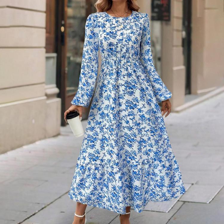 Rochii de vară casual pentru femei, cu imprimeu floral, mâneci lungi, gât rotund, croială A-line, talie înaltă elastică, lungime până la gleznă, rochii de primăvară largi