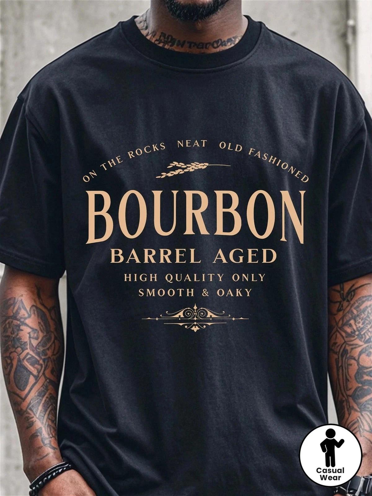 

1pc Men S 100% Quick-Dry Bourbon Graphic T shirt - Breathable Crew Neck Short 4XL