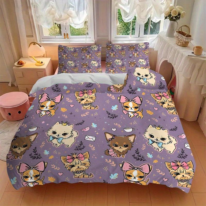 3pcs Set Puppy Bow 1 Quilt Cover + 2 Pillowcases, All Seasons Bedroom Setting, Perfect for Home and Dorm Decor A162